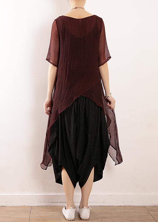 Bohemian burgundy linen top asymmetric hem Plus Size Clothing summer blouse - SooLinen