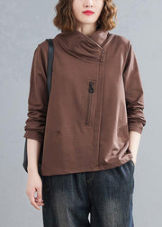 Bohemian chocolate crane tops stand collar zippered daily blouses - SooLinen