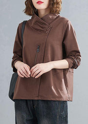 Bohemian chocolate crane tops stand collar zippered daily blouses - SooLinen