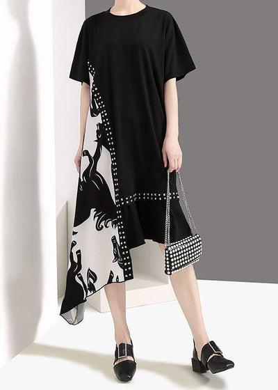 Bohemian cotton dresses plus size Summer Fashion Short Sleeve Irregular Dress - SooLinen