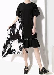 Bohemian cotton dresses plus size Summer Fashion Short Sleeve Irregular Dress - SooLinen
