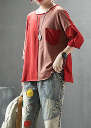 Bohemian cotton tops women stylish Single Pocket Color Matching Casual Blouse - SooLinen