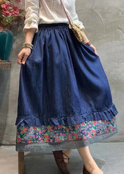 Bohemian dark Blue elastic waist lace Patchwork Skirt Spring