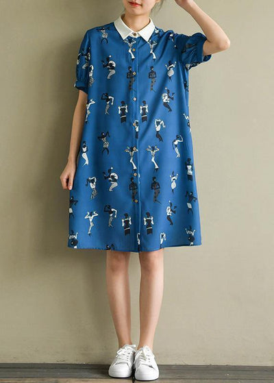 Bohemian dark blue print dress lapel lantern sleeve A Line summer Dresses - SooLinen