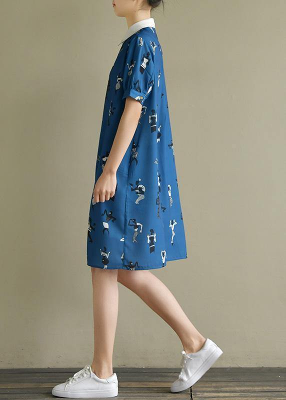 Bohemian dark blue print dress lapel lantern sleeve A Line summer Dresses - SooLinen