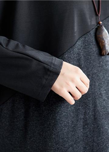 Bohemian dark gray cotton linen tops women o neck patchwork box blouses - SooLinen