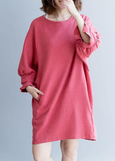 Bohemian dark pink Cotton clothes lantern sleeve oversized fall Dresses - SooLinen