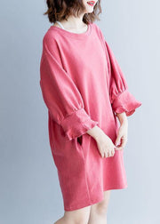 Bohemian dark pink Cotton clothes lantern sleeve oversized fall Dresses - SooLinen