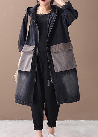 Bohemian denim black Fine tunic pattern Outfits hooded Large pockets winter women coats - SooLinen