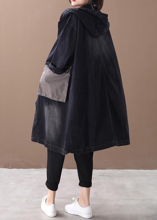Bohemian denim black Fine tunic pattern Outfits hooded Large pockets winter women coats - SooLinen