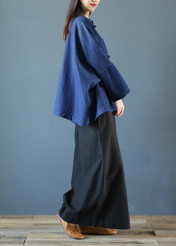 Bohemian denim dark blue clothes For Women stand collar Chinese Button tunic blouse - SooLinen