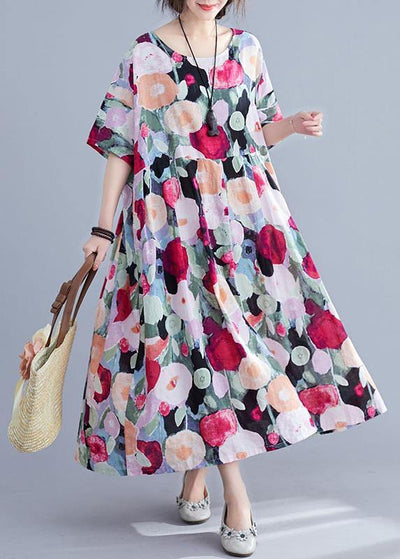 Bohemian floral Long dress half sleeve Cinched Maxi summer Dresses - SooLinen