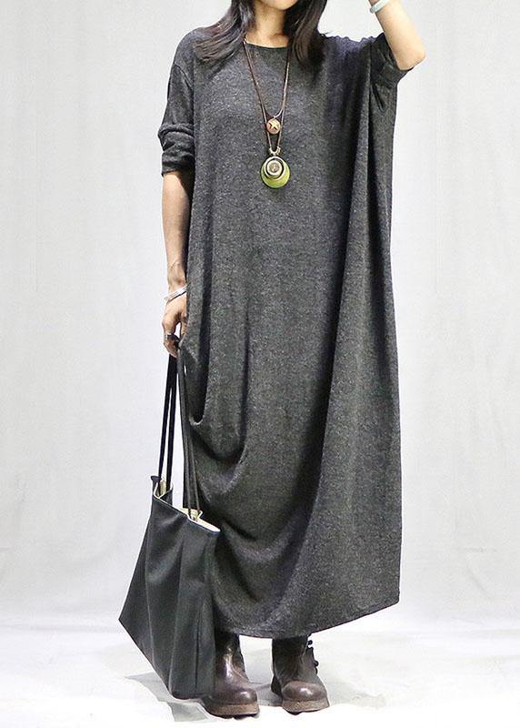Bohemian gray dresses o neck long sleeve long fall Dress - SooLinen