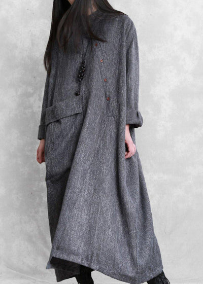Bohemian gray linen clothes For Women stand collar asymmetric loose Dresses - SooLinen