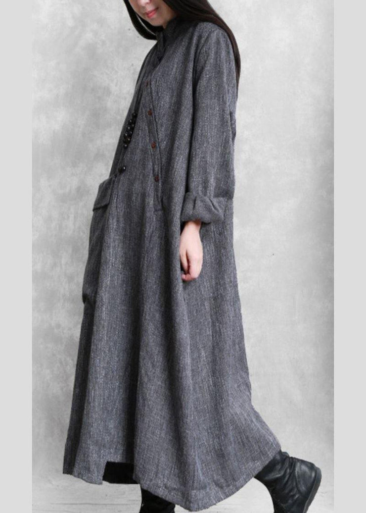 Bohemian gray linen clothes For Women stand collar asymmetric loose Dresses - SooLinen