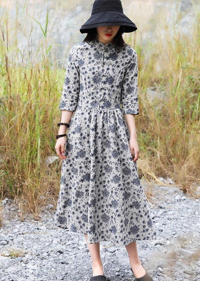 Bohemian gray prints linen clothes For Women Chinese Button A Line Dress - SooLinen