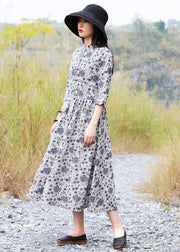 Bohemian gray prints linen clothes For Women Chinese Button A Line Dress - SooLinen