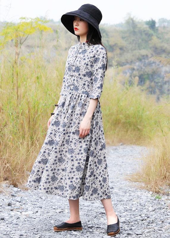 Bohemian gray prints linen clothes For Women Chinese Button A Line ...
