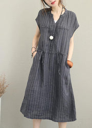 Bohemian gray striped linen clothes For Women v neck drawstring Maxi summer Dresses - SooLinen