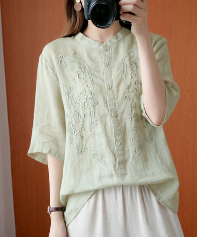 Bohemian green clothes For Women stand collar embroidery silhouette top - SooLinen