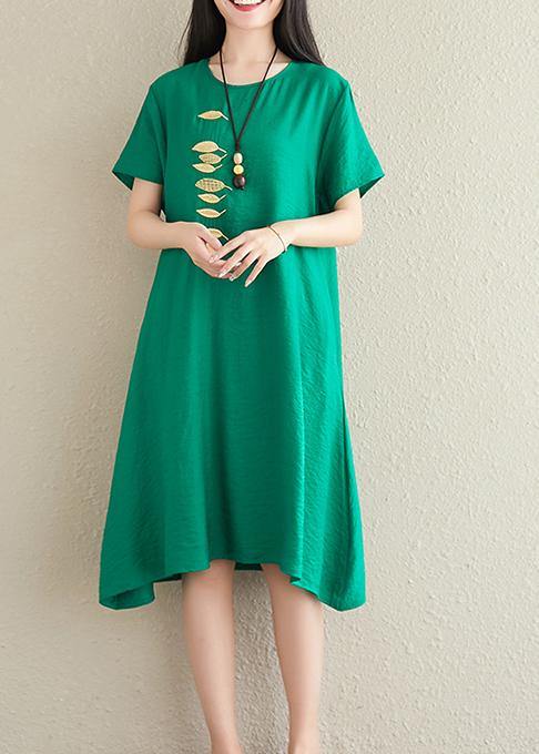Bohemian green cotton linen clothes o neck embroidery tunic summer Dress - SooLinen