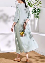 Bohemian green linen clothes For Women embroidery A Line o neck Dresses - SooLinen