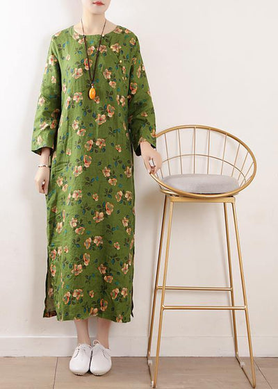 Bohemian green o neck linen outfit floral cotton summer Dress - SooLinen