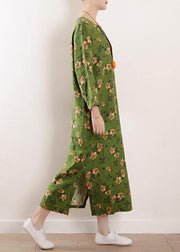Bohemian green o neck linen outfit floral cotton summer Dress - SooLinen