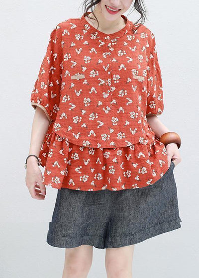 Bohemian half sleeve linen Tunic design red prints blouse summer - SooLinen