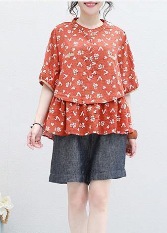 Bohemian half sleeve linen Tunic design red prints blouse summer - SooLinen
