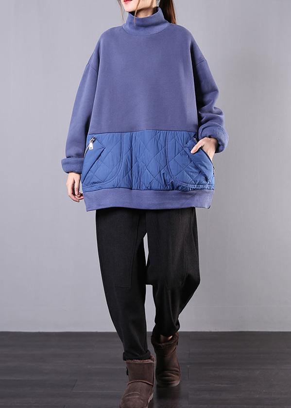 Bohemian high neck patchwork cotton fall tunic pattern Neckline blue blouses - SooLinen