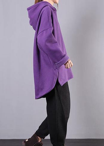 Bohemian hooded low high design cotton Tunic Fabrics purple blouses - SooLinen