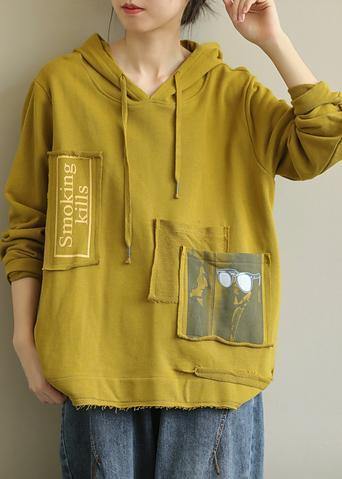 Bohemian hooded patchwork fall clothes For Women Fabrics yellow top - SooLinen