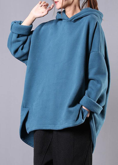 Bohemian hooded pockets cotton clothes For Women Neckline blue tops - SooLinen