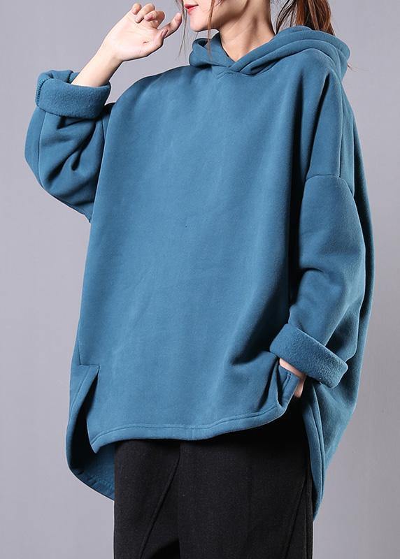 Bohemian hooded pockets cotton clothes For Women Neckline blue tops - SooLinen