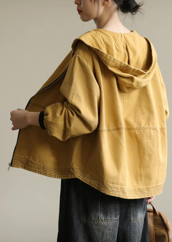 Bohemian hooded zippered Plus Size fall clothes For Women yellow loose outwears - SooLinen