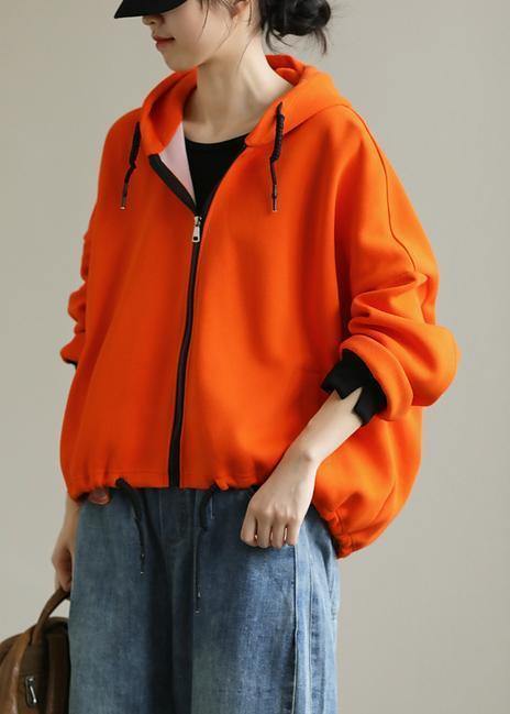 Bohemian hooded zippered tops women Neckline orange shirt - SooLinen