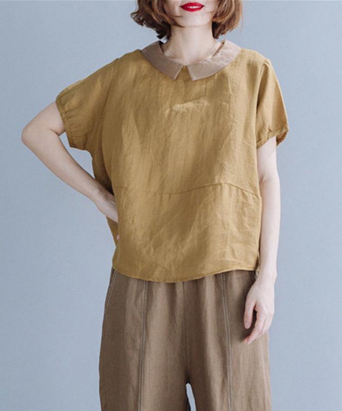 Bohemian khaki clothes For Women Peter pan Collar patchwork Midi shirt - SooLinen