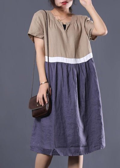 Bohemian khaki v neck linen clothes patchwork color long summer Dress - SooLinen