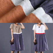 Bohemian khaki v neck linen clothes patchwork color long summer Dress - SooLinen