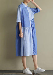 Bohemian lapel half sleeve Cotton Tunic Sewing blue striped Dress summer - SooLinen