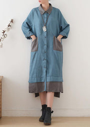 Bohemian lapel patchwork quilting clothes Runway blue Maxi Dress - SooLinen