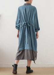 Bohemian lapel patchwork quilting clothes Runway blue Maxi Dress - SooLinen
