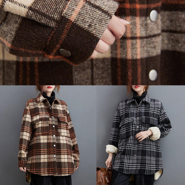 Bohemian lapel pockets clothes For Women Sewing chocolate plaid tops - SooLinen