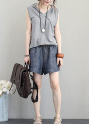 Bohemian light gray cotton Long Shirts Neckline hooded sleeveless top summer - SooLinen