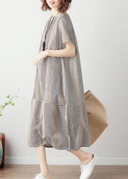 Bohemian light khaki striped Cotton tunics for women o neck patchwork cotton summer Dress - SooLinen