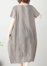 Bohemian light khaki striped Cotton tunics for women o neck patchwork cotton summer Dress - SooLinen
