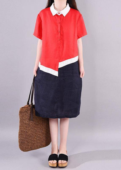 Bohemian linen clothes For Women Fitted Ramie Casual Polo Collar Short Sleeve A-Line Dress - SooLinen