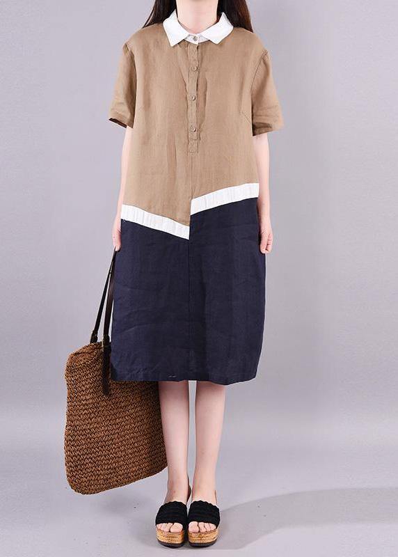 Bohemian linen clothes For Women Fitted Ramie Casual Polo Collar Short Sleeve A-Line Dress - SooLinen