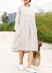Bohemian linen outfit boutique Long Sleeve Jacquard Beige Pleat Dress